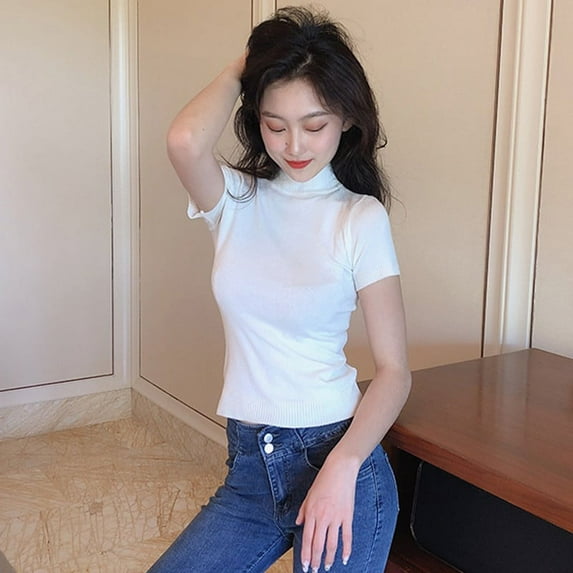 JANDEL Women's Solid Half Turtleneck Fashion Slim Short Sleeve Knitted T-Shirt, White, One Size