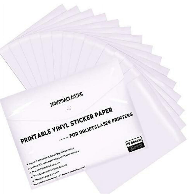  JANDJPACKAGING Printable Vinyl Sticker Paper - Waterproof  Printable Vinyl for Laser & Inkjet Printer 15 Self-Adhesive Sheets - Glossy  White - Standard Letter Size 8.5x11 : Office Products