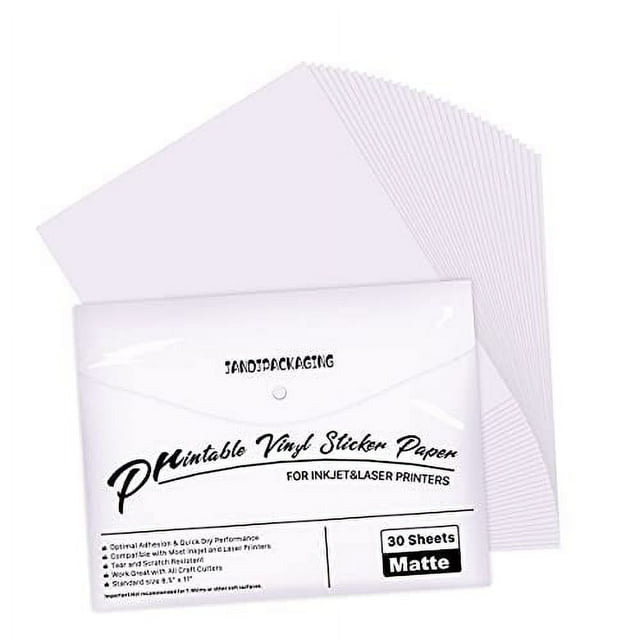 JANDJPACKAGING Printable Vinyl for Inkjet Printer - 30 Pack Printable Vinyl Sticker Paper Matte ...