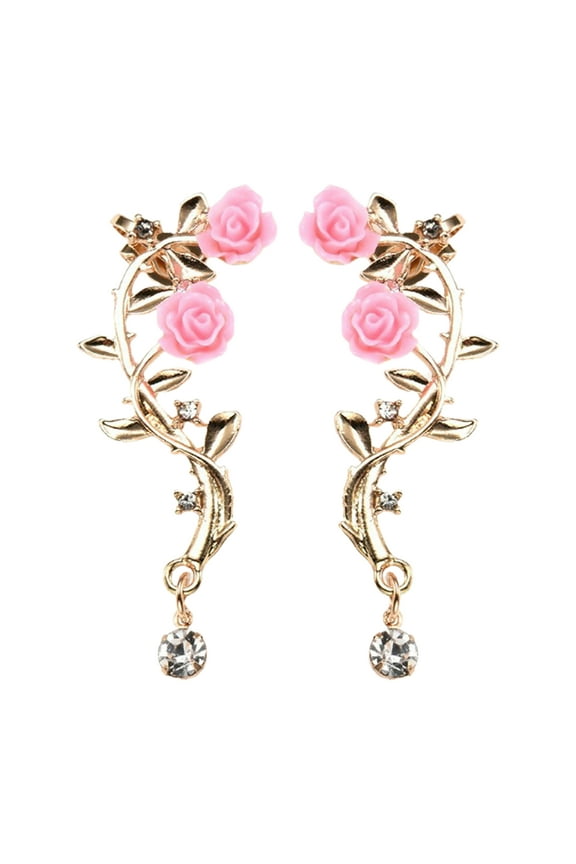 1 Pair Lady Ear Clip Rose Rhinestone Supper Shiny Individual Ear Cuff for Prom