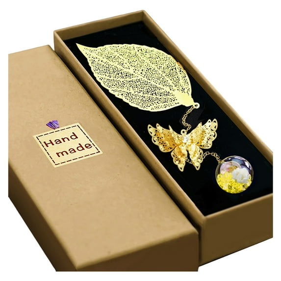 JANGSLNG 1 Set Book Marker Metal Leaf Bookmarks with Gift Box Copper Feather Reading Bookmark with 3D Butterfly Pendant for Teacher