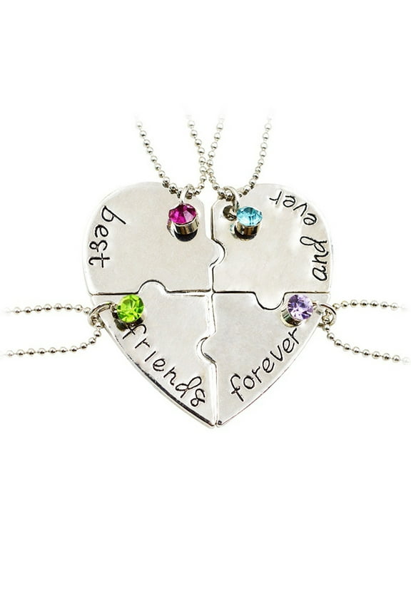 4Pcs/Set Necklaces Pendants Rhinestone Inlaid Jewelry Gift Heart Shape Best Friends Forever and Ever BFF Pendant Necklace for Banquet