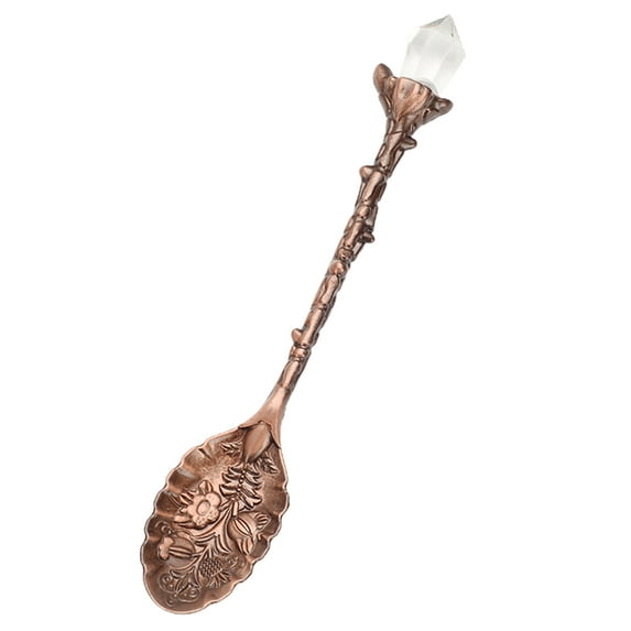 JANGSLNG Coffee Spoon Vintage Engraved Flower Pattern Faux Crystal Top Long Handle Food Grade Tableware Zinc Alloy Ice Cream Dessert Scoop Scooper Kitchen Supplies
