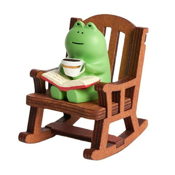 JANGSLNG Miniature Frog Figurines Rocking Chair Design with Book Coffee Resin Frog Statue Desk Bedroom Decor Home Supplies