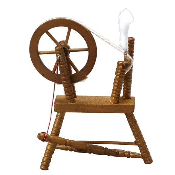 JANGSLNG Miniature Spinning Wheel Retro Realistic Wooden 1/12 Scale Maroon Spinning Wheel Model for Dollhouse