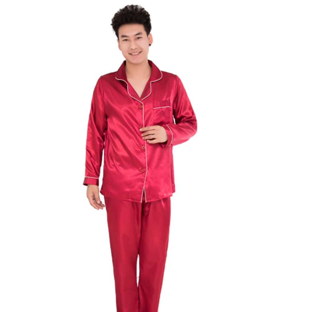 JANGSLNG Silk Satin Men Pajamas Set Fashion Sleepwear Couple Solid Color Long Sleeve Suit