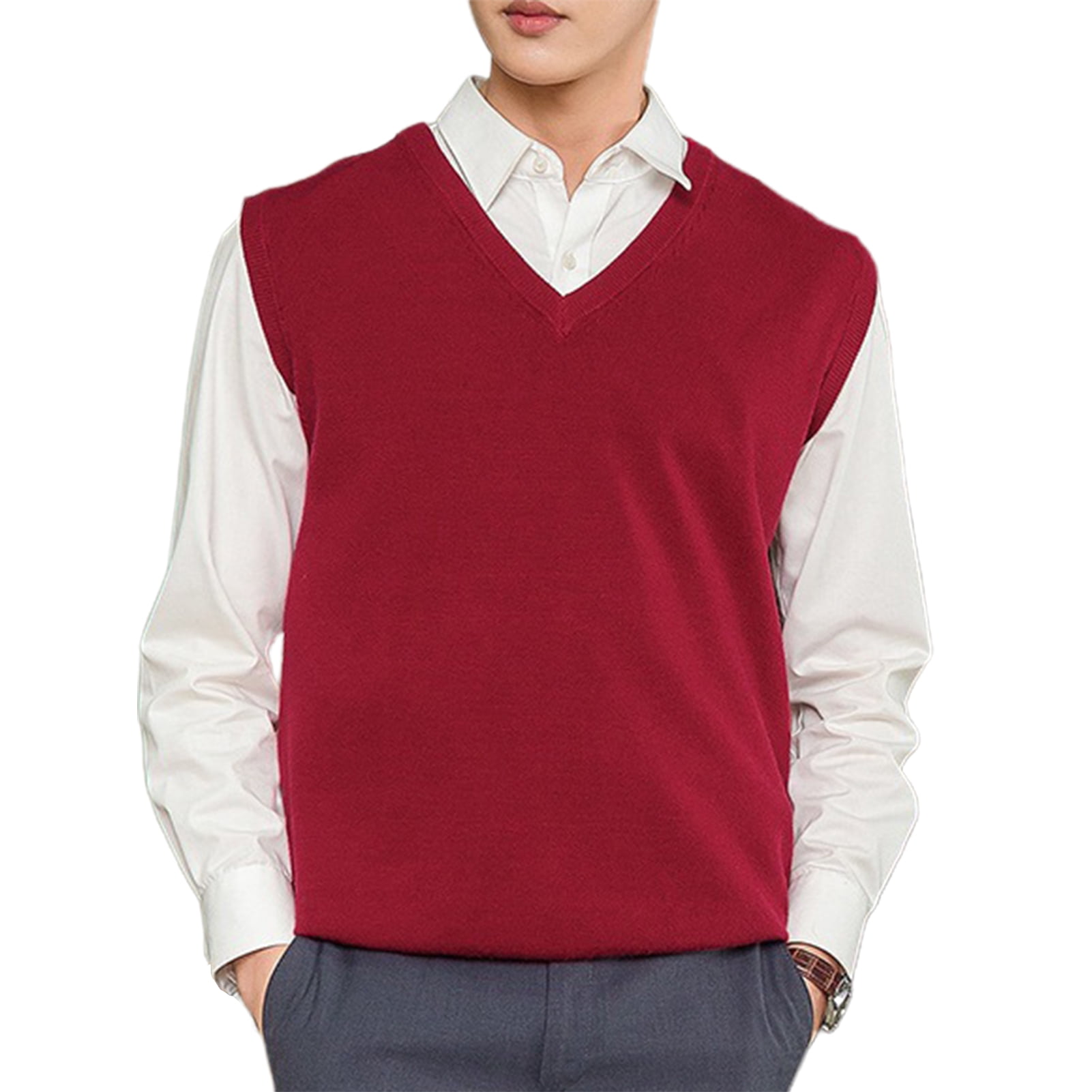 JANGSLNG Sleeveless Loose Warm Sweater Vest Men Solid Color Vneck