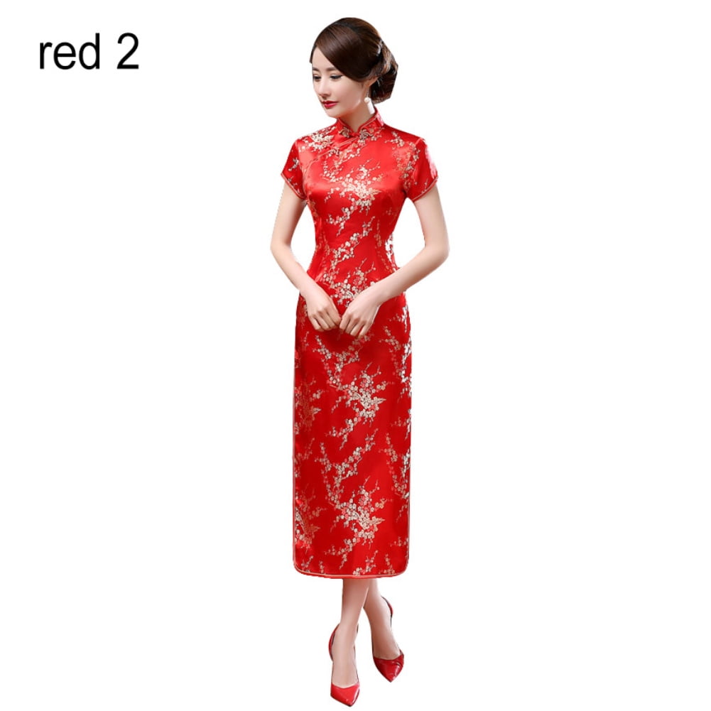 JANGSLNG Traditional Chinese Women Long Cheongsam Bridesmaid Short Sleeve  Evening Dress 