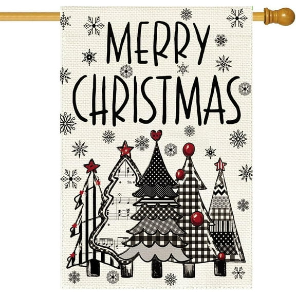 JANI Merry Christmas Trees House Flag 28x40 Inch Double Sided Burlap,Winter Buffalo Plaid Christmas Pine Tree Snowflake Large Flag Yard Holiday Outdoor Outside Xmas Farmhouse Decoration