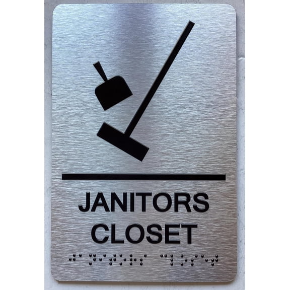 JANITORS CLOSET SIGN WITH RAISED LETTERS/IMAGE & GRADE 2 BRAILLE - INCLUDES RED ADHESIVE PAD FOR EASY INSTALLATION (6" W X 9" H,BRUSHED ALUMINUM/SILVER, TACTICLE SIGN) - THE PARK AVE LINE