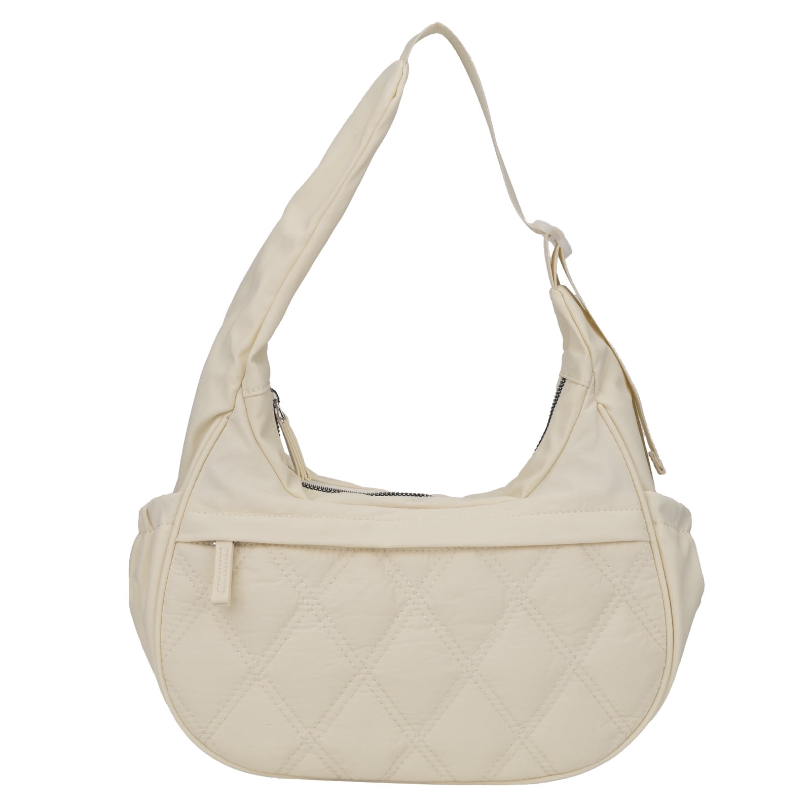JANKS Small Puffer Crescent Shoulder Bag for Women, Nylon Quilted Puffy Crossbody Purse, Cute Hobo Shoulder Handbags （Off-white)