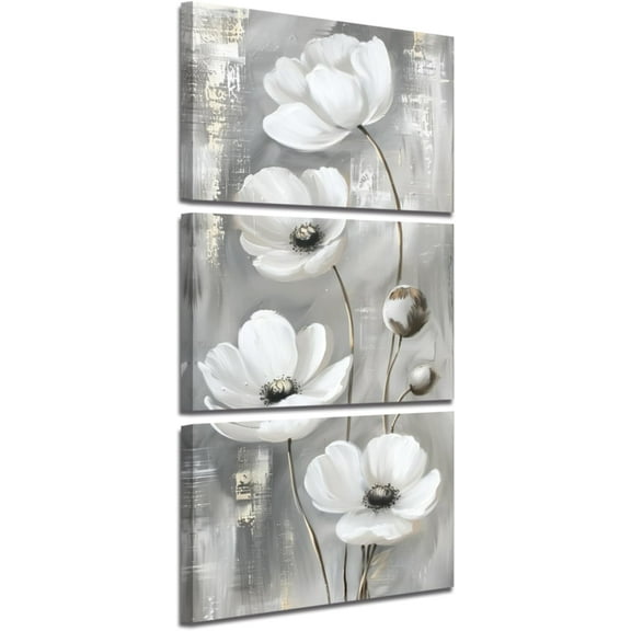 JANS.NO1 3 Pieces Poppy Wall Art Gray and White Floral Canvas Prints White Poppy Flower Picture Rustic Vintage Painting for Hallway Office Bathroom Decor (Black, (16.00" x 24.00" x 3PCS))
