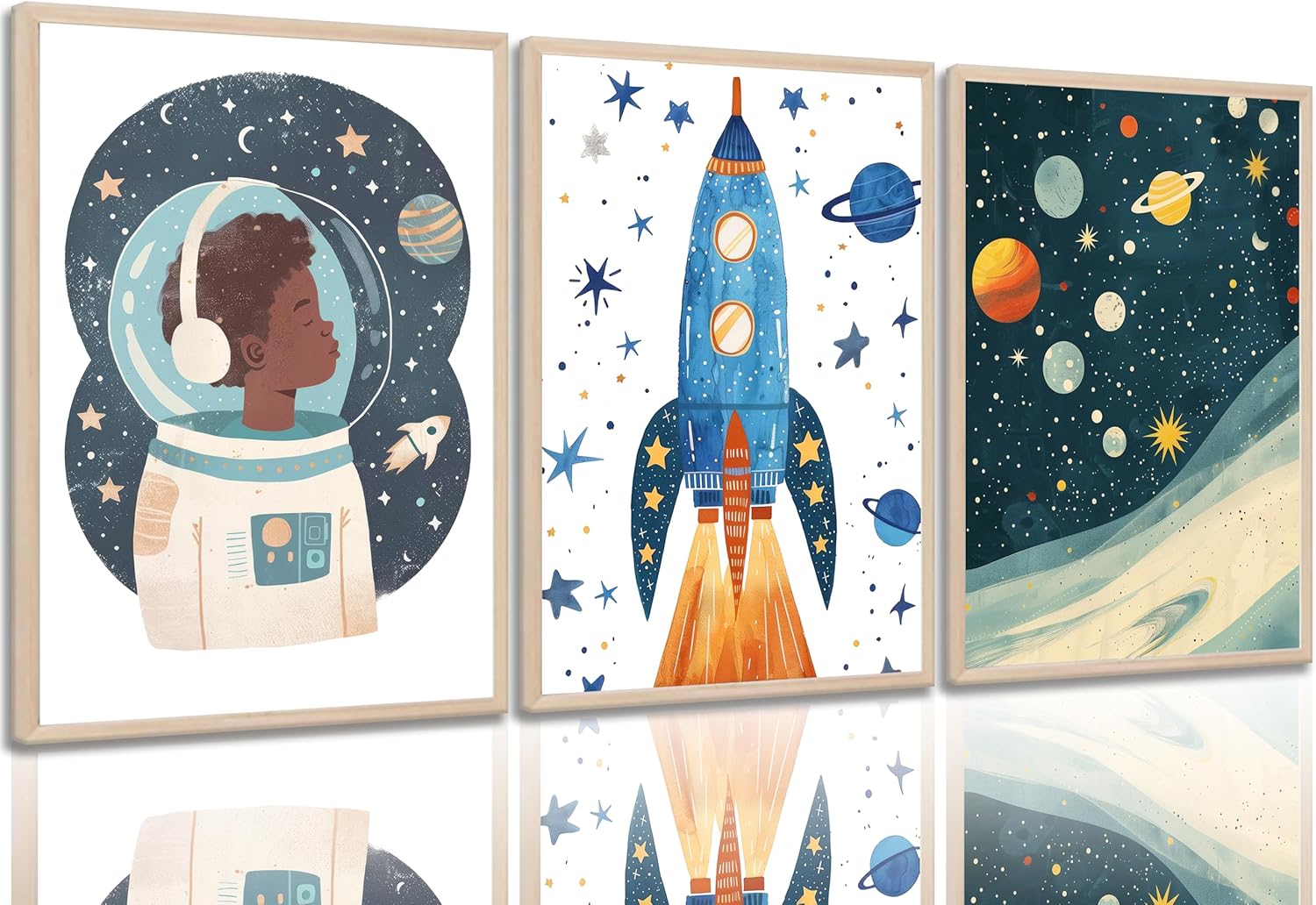 JANS.NO1 3pcs Space Wall art Nursery Astronaut Wall Decor Boy Rocket ...