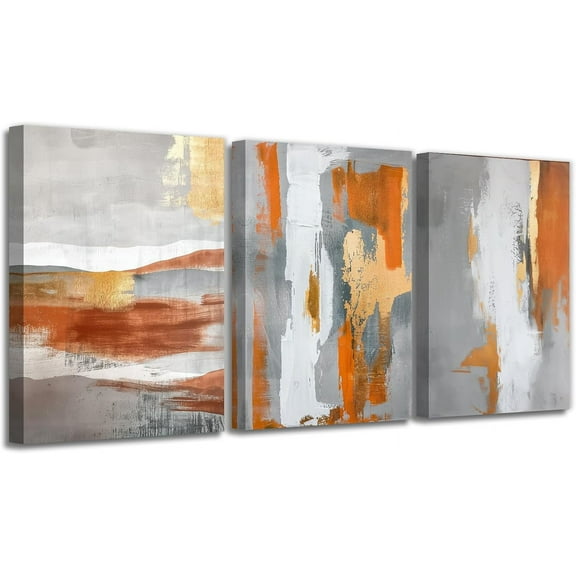 JANS.NO1 Abstract Wall Art Decor Set Of 3 Graffiti Gray And Orange Picture poster Print Watercolor Ink Painting Modern Artwork For Bedroom Living Decoration