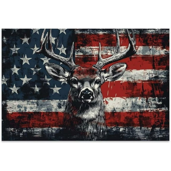 JANS.NO1 American Flag Deer Canvas Wall Art, Animal Head Rustic Wall Décor Christmas Paintings Pictures Nature Artwork Modern Poster for Farmhouse, Living Room, Bedroom