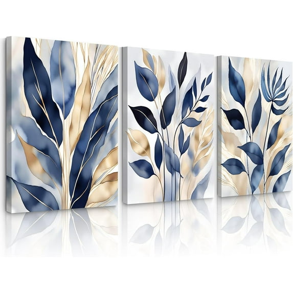 JANS.NO1 Blue Botanical Wall Art Abstract Leaf Canvas Prints Decor Modern Plant Wall Art Minimalist Hallway Botanical Painting Blue Gold Leaves Pictures for Living Room Bedroom