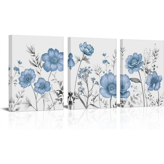 JANS.NO1 Blue Flower Canvas Wall Art Vintage Floral Painting Pictures Decor Modern Blue and Grey Bedroom Bathroom Decoration (Blue)