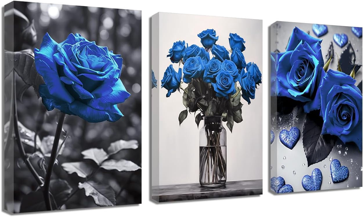 JANS.NO1 Blue Rose Canvas Wall Art 3 Pieces Bloom Rose Flower Pictures ...