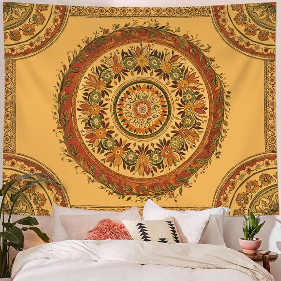 JANS.NO1 Boho Mandala Tapestry Wall Hanging Hippie Bohemian Floral Flower Medallion Tapestry Aesthetic Extra Large Vintage Black Red Indian Tapestries for Bedroom Dorm Decor 52 x 60 Inch