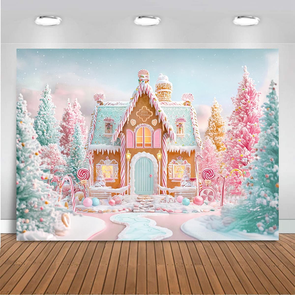 JANS.NO1 Christmas Gingerbread House Backdrop Banner Pink Mint Green ...