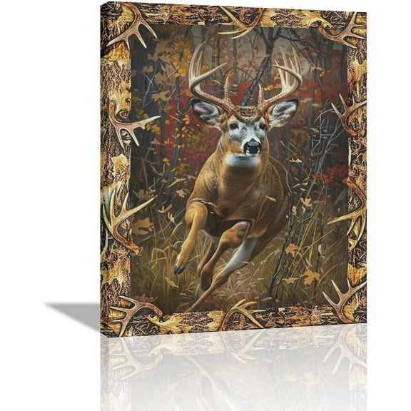 JANS.NO1 Deer Canvas Wall Art, Abstract Running Deer Pictures Wall Decor Forest Elk Animal Portrait Art Painting Print Artworks Decorations Framed for Bedroom Living Room Bathroom Office