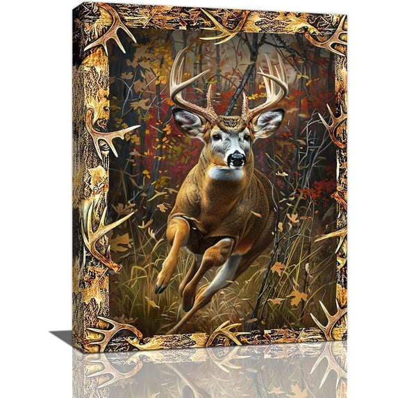 JANS.NO1 Deer Canvas Wall Art, Abstract Running Deer Pictures Wall Decor Forest Elk Animal Portrait Art Painting Print Artworks Decorations Framed for Bedroom Living Room Bathroom Office