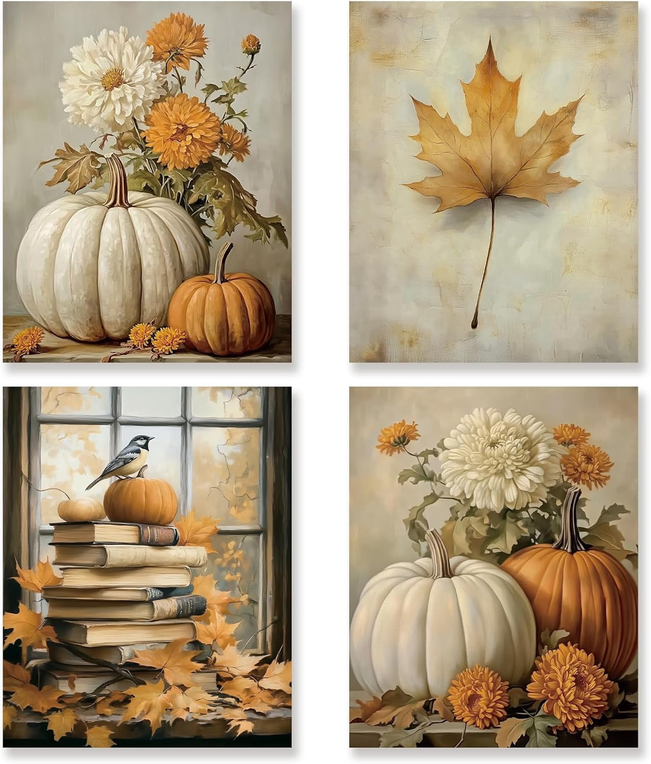 JANS.NO1 Fall Autumn Wall Art Decor Set of 4 - Vintage Pumpkin Maple ...