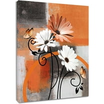 JANS.NO1 Farmhouse Orange Floral Wall Art for Bathroom Grey and White Geometric Canvas Wall Art Wall Paintings Home Decor Minimalist Wall Pictures for Living Room Bedroom Office Ready To Hang