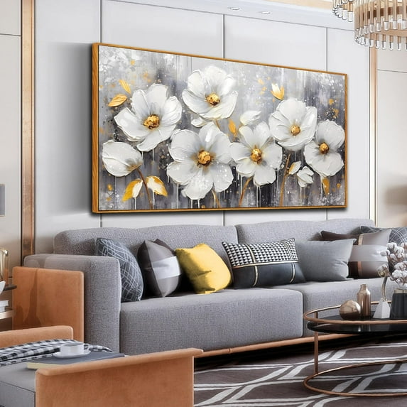 JANS.NO1 Flower Wall Art for Bedroom - White Wall Decor - Gold Wall Art for Living Room Office Artwork Canvas Pictures Size