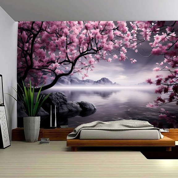 JANS.NO1 Japanese Tapestry Wall Hanging, Asian Cherry Blossom Tapestry Mountain Landscape Calming Lake Ocean Backdrop Nature Tapestries for Bedroom Aesthetic Living Room Wall Art Decor