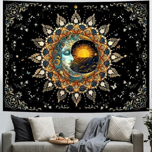 JANS.NO1 Moon and Sun Tapestry Spiritual Mandala Tapestries Black Flower Plant Tapestry Hippie Boho Vintage Aesthetic Tapestries Wall Hanging Decor for Home