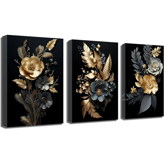 JANS.NO1 Navy Blue Flower Canvas Wall Art 3 Pieces Minimalist Blue Watercolor Floral Pictures Prints for Living Room Decor (Navy Blue Flower,12.00" x 16.00" Pcs)