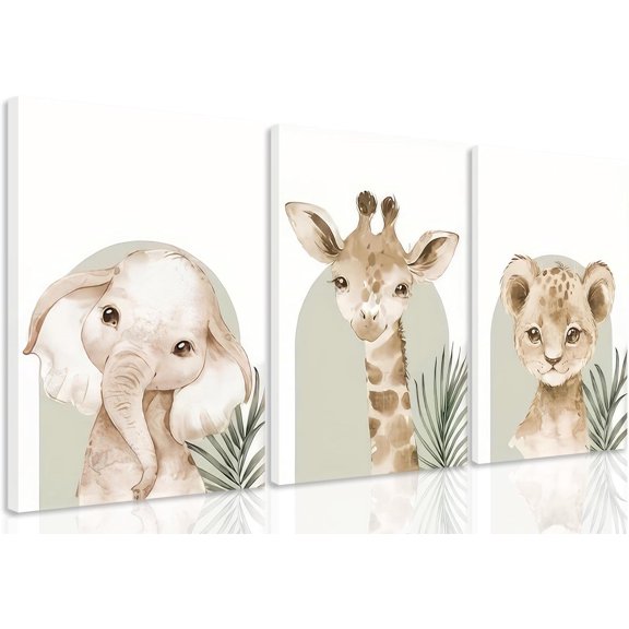 JANS.NO1 Nursery Poster Wall Art Set Of 3 Baby Boy Girls Kids Room Picture Wall Decor Jungle Safari Lion Elephant Giraffe poster Painting Cute Animal Prints For Children Toddlers Bedroom