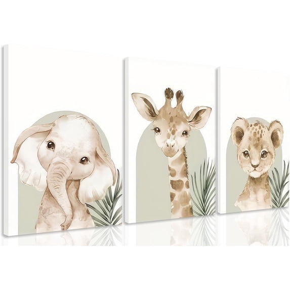 JANS.NO1 Nursery Poster Wall Art Set Of 3 Baby Boy Girls Kids Room Picture Wall Decor Jungle Safari Lion Elephant Giraffe poster Painting Cute Animal Prints For Children Toddlers Bedroom