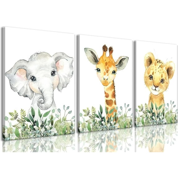 JANS.NO1 Nursery Wall Art Safari Animal poster Prints Boy Baby Room Decor Poster Toddler Room Decoration Minimalist Boho Jungle Painting Pictures Set of 3 for Kids Bedroom Bathroom Framed
