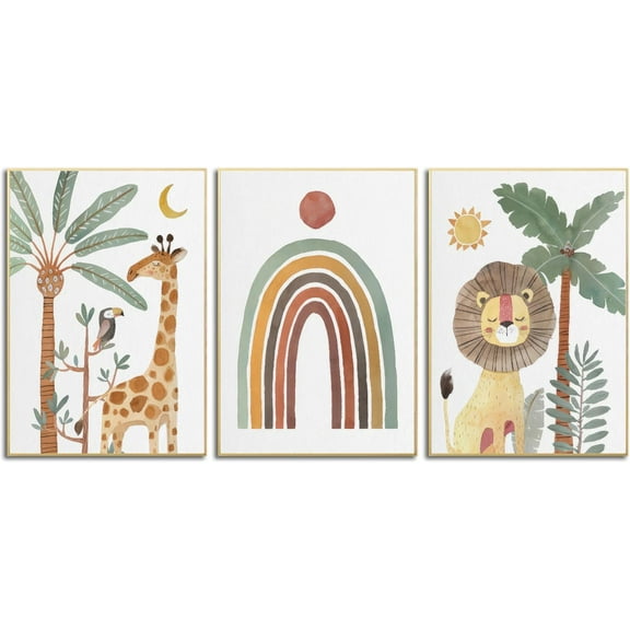JANS.NO1 Nursery Wall Art Safari Animal poster Prints Boy Baby Room Decor Poster Toddler Room Decoration Minimalist Boho Jungle Painting Pictures Set of 3 for Kids Bedroom Bathroom Framed