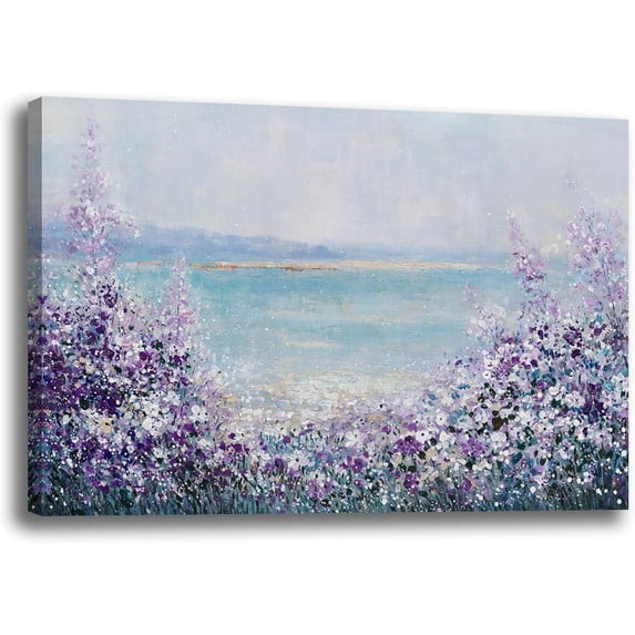 JANS.NO1 Purple Wall Art Prints Coastal Wall Decor Lavender Flower Artwork for Bedroom Blue Bathroom Picture Small Painting for Dining Room