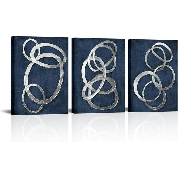 JANS.NO1 Set of 3 Modern Abstract Blue and Silver Circle Canvas Prints Contemporary Artwork Painting for Bedroom and Bathroom Stretched Canvas Ready to Hang Each Panel