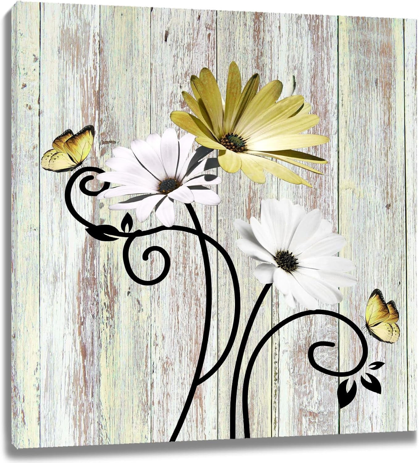 JANS.NO1 Vintage Daisy Wall Art Purple Flower and Butterfly on Rustic ...