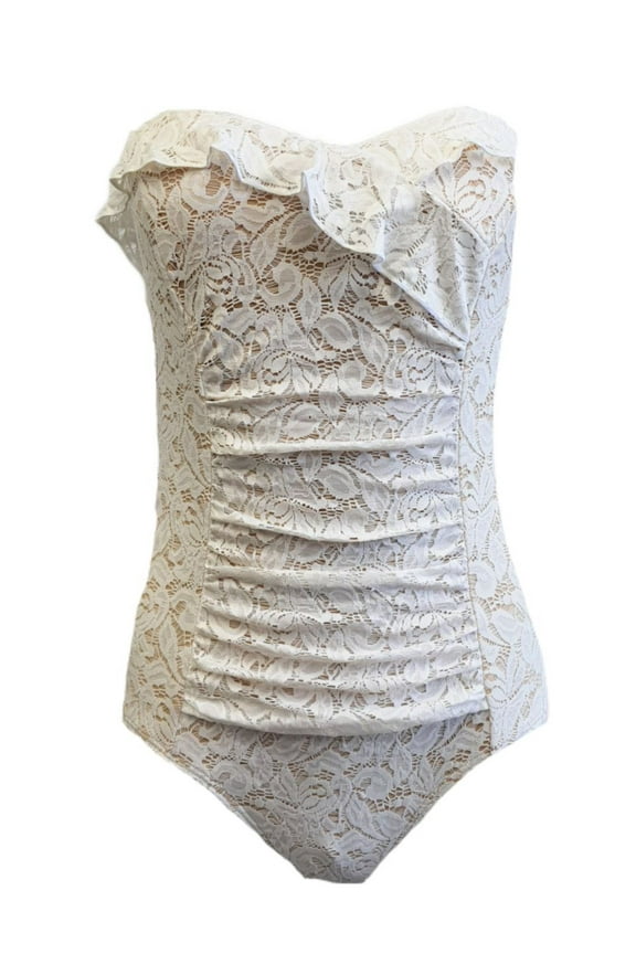 Women's Lace Bandeau One Piece Swimsuit, White, 8