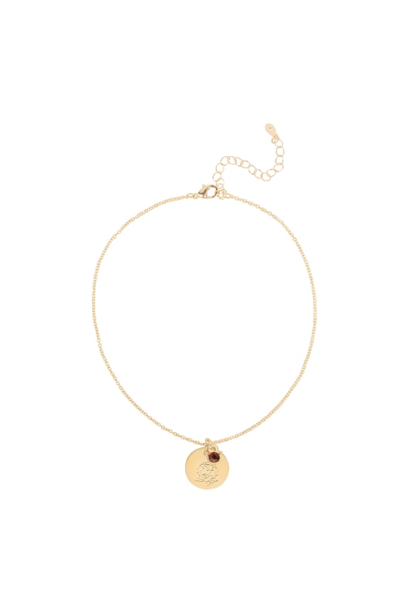 Women’s January Birthstone Necklace, Gold Tone Chain with Siam Stone & Carnation Flower