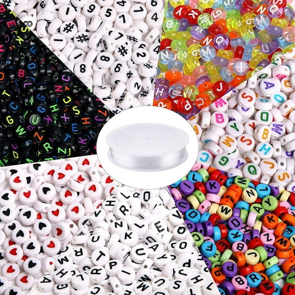 JANYUN 1900pcs 7 Colors Round Letter Beads Acrylic Alphabet Number Beads for Bracelet Making with 1 Roll Elastic Crystal String Cord for Jewelry Making DIY Necklace Charms Bracelet (7x4mm)