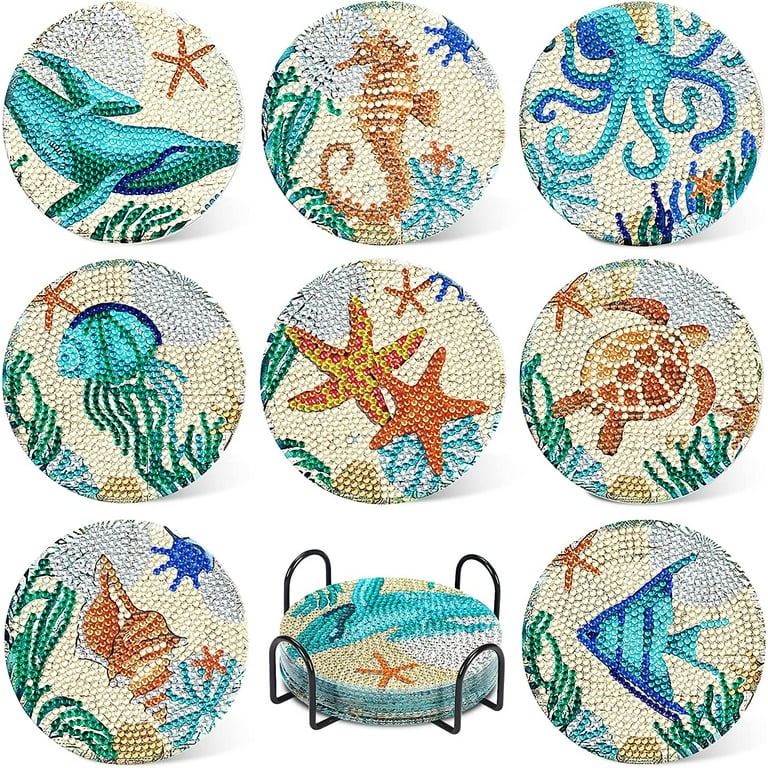 JANYUN 8Pcs Ocean Diamond Art Painting Coasters with Holder for