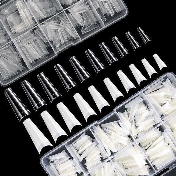 JANYUN Clear and Natural Coffin Nail Tips Set,1000 PCS French Acrylic Nails Artificial Half False Flake Nail Tips 10 sizes for Nail Salon Nail Shop DIY Nail Art Ballerina Nails with Clear Plastic Case
