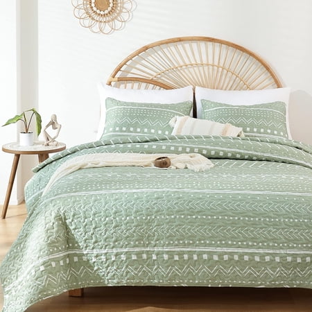 Janzaa Quilt Set Boho Quilt Set Sage Green Bedspreads Queen Size, ,3 PCS Soft Reversible Coverlet with Geometric Printed for All Season(Two Pillow Cases) Queen Sage Green