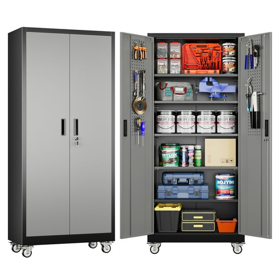 JAORD 71" Tall Steel Cabinet, Metal Storage Cabinet with 2 Door and 4 Adjustable Shelves, for Home, Warehouse, Garage, Office, Assemble Required (Gray)
