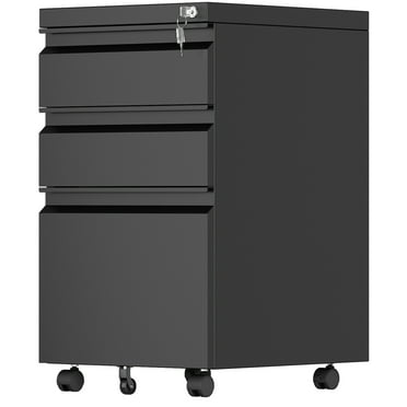 JAORD Black 3-Drawer Metal File Cabinet with Lock and Wheels, Fully Assembled