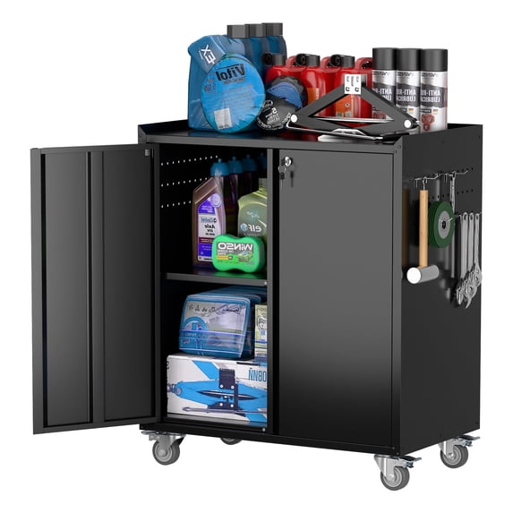 JAORD Black Mobile Metal Tool Chest with Steel Garage Cabinet with Wheels& Two Door, Assembly Required
