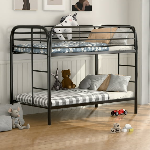JAORD Metal Bunk Bed, Twin Over Twin Size Beds with Two Side Ladders & Safety Guard Rail, Space-Saving Design, Noise-Free, Black, Assembly Required