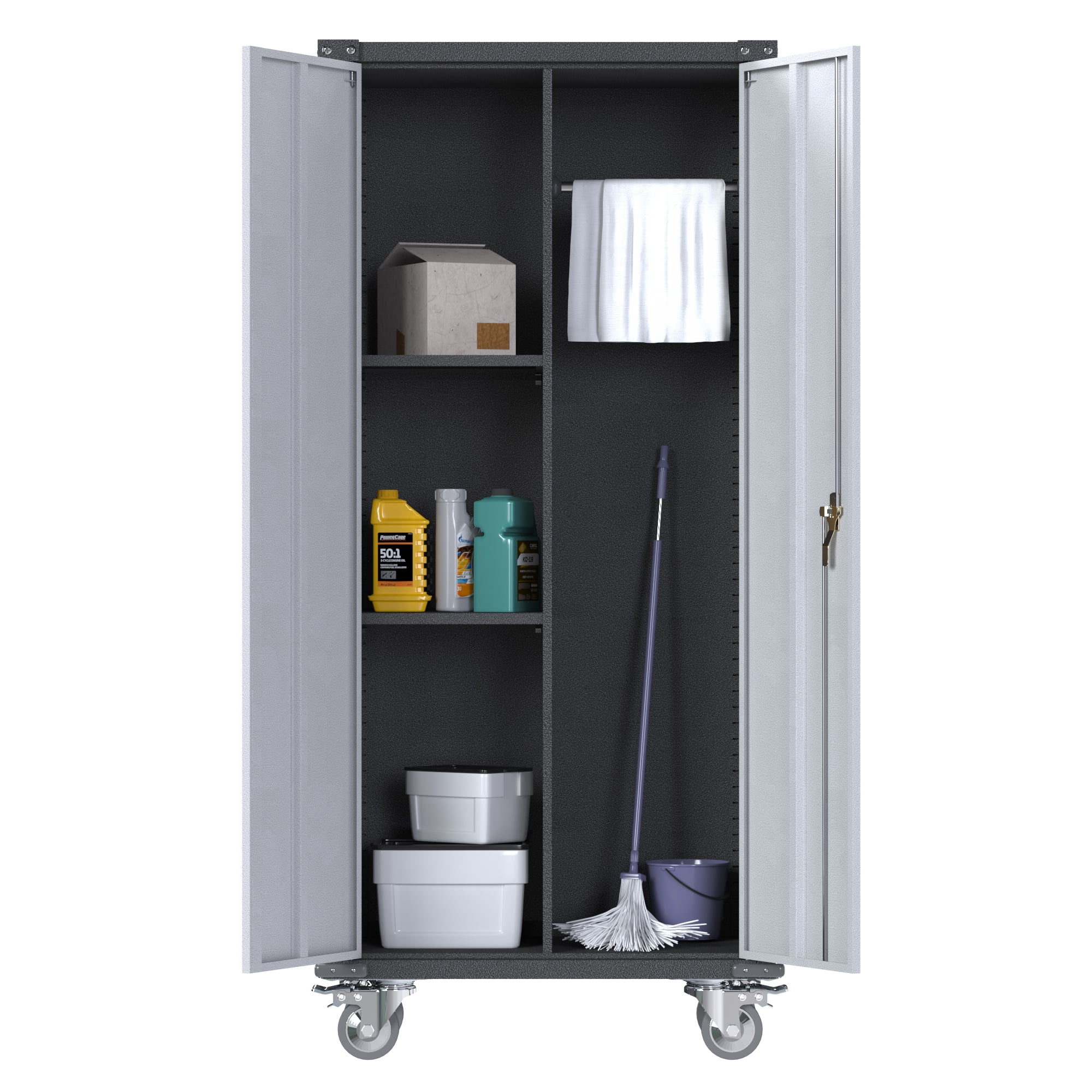 JAORD Metal Garage Storage Cabinet with Wheels, Broom Closet Storage Cabinet  with Hanging Rod, 71 Tall Rolling Tool Storage Cabinet with Locking Doors  and Shelves, Assemble Required 